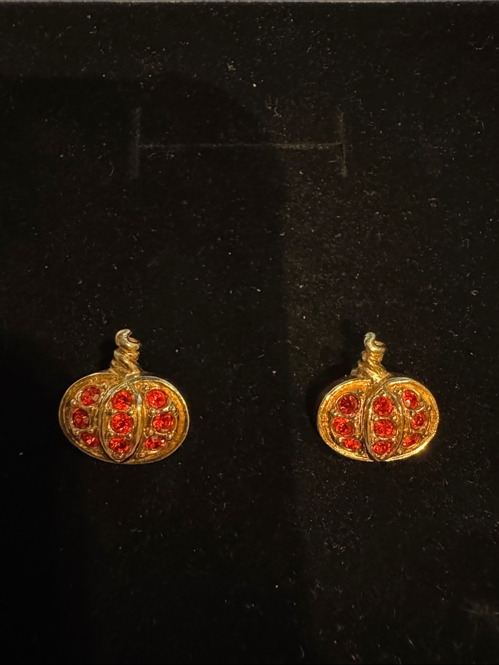 AVON Pumpkin Stud Earrings with Red Crystal Accents